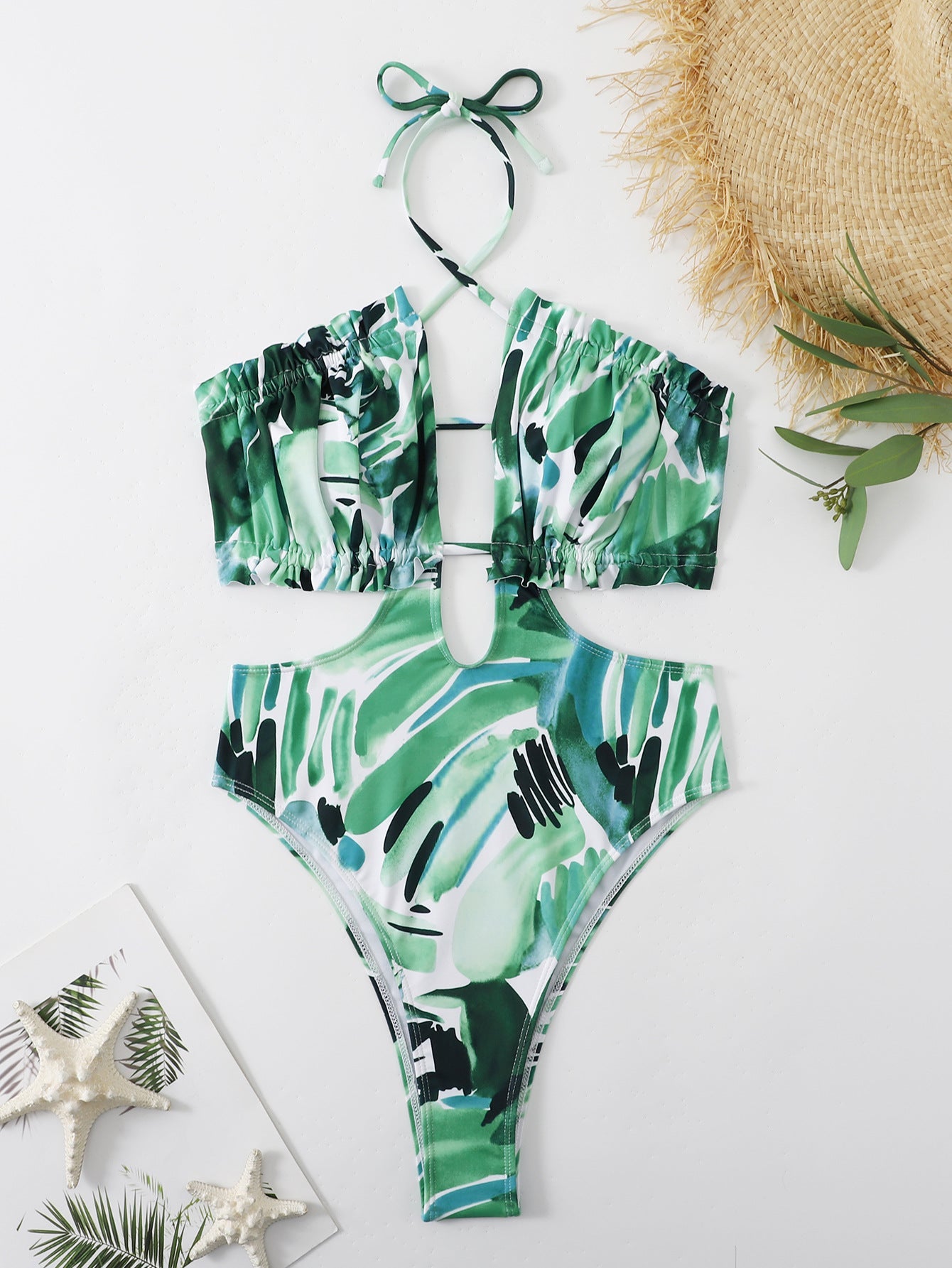 Women Green Strap One Piece Swimsuit Bikini