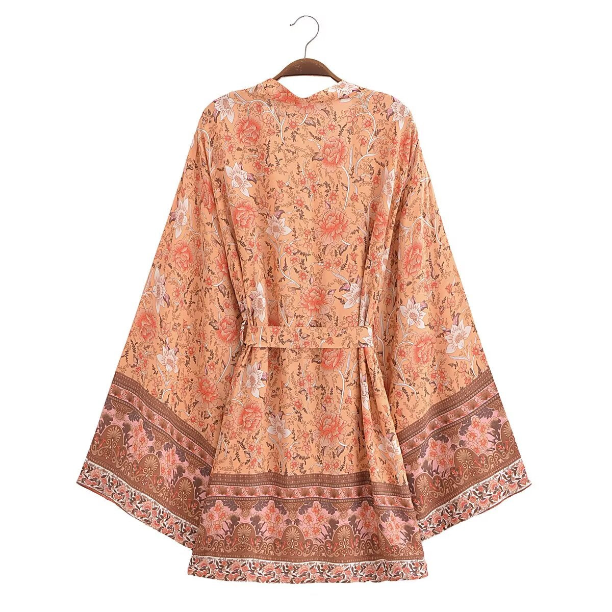 Rayon Printed Cardigan Loose Sleeves Short Lace Up Kimono