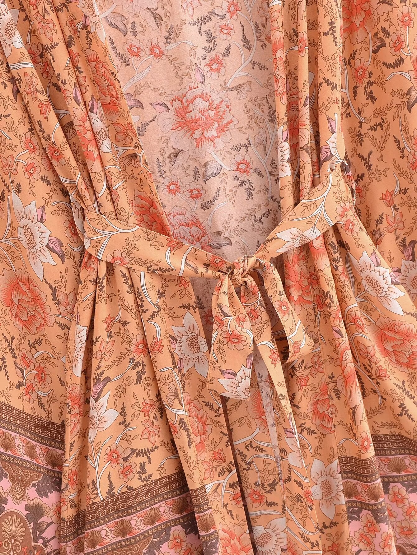 Rayon Printed Cardigan Loose Sleeves Short Lace Up Kimono