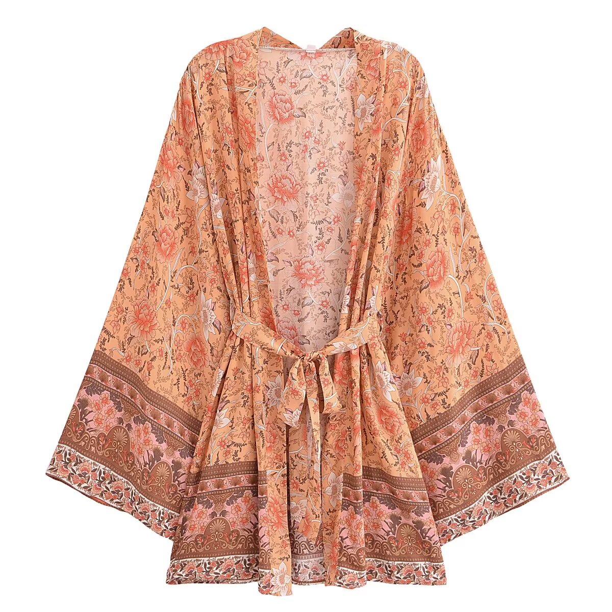 Rayon Printed Cardigan Loose Sleeves Short Lace Up Kimono