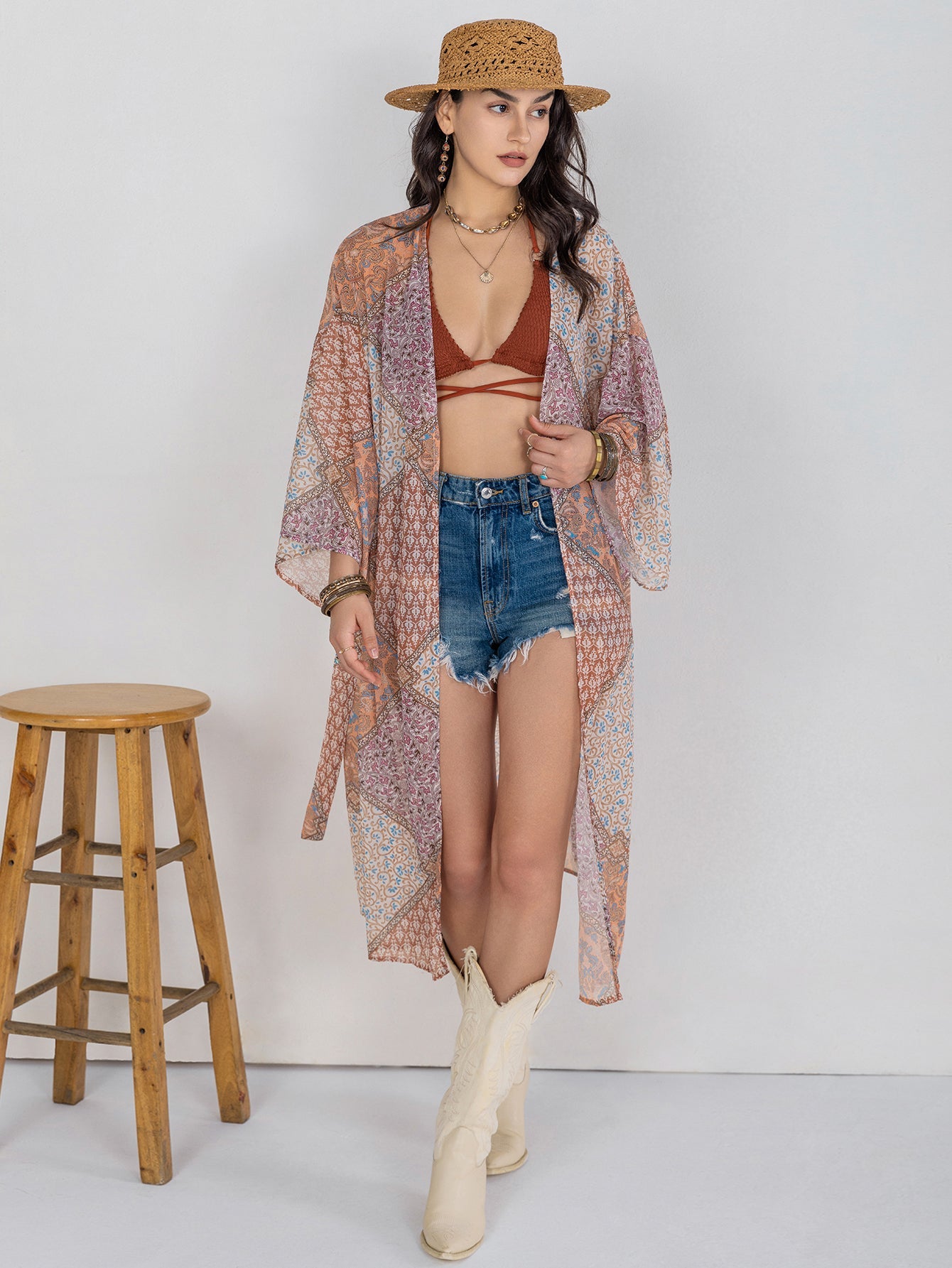 Women Bohemian Loose Casual Kimono Blouse