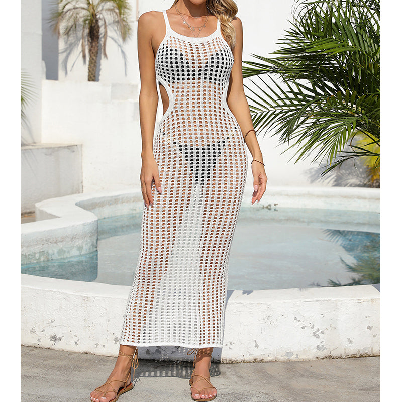 Sexy Hollow Out Cutout Waist Long Solid Color Breathable Sling Maxi Dress Beach Sun Shield Dress Crochet hook