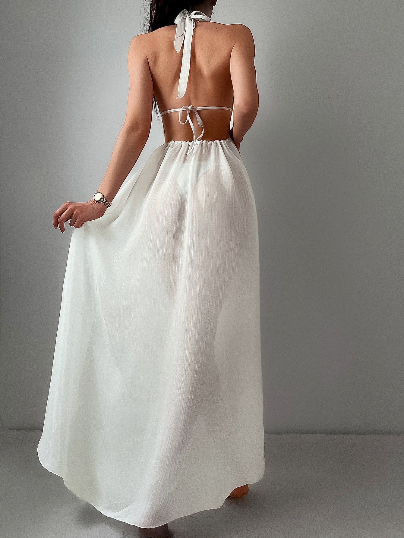 Beach Cover up Bikini Sun Protection Shacket Solid Color Halter Backless Long Swimsuit