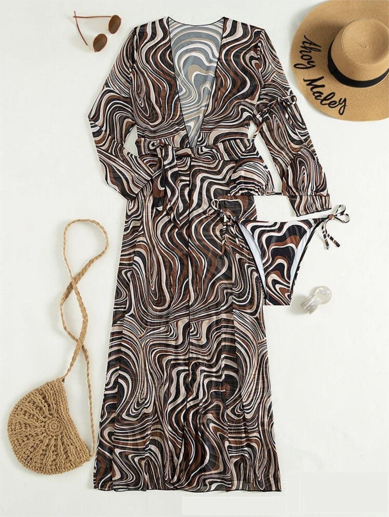 Three Piece Set Long Sleeve Mesh Long Belt Beach Anti Ddos Bikini Swimsuit for Women