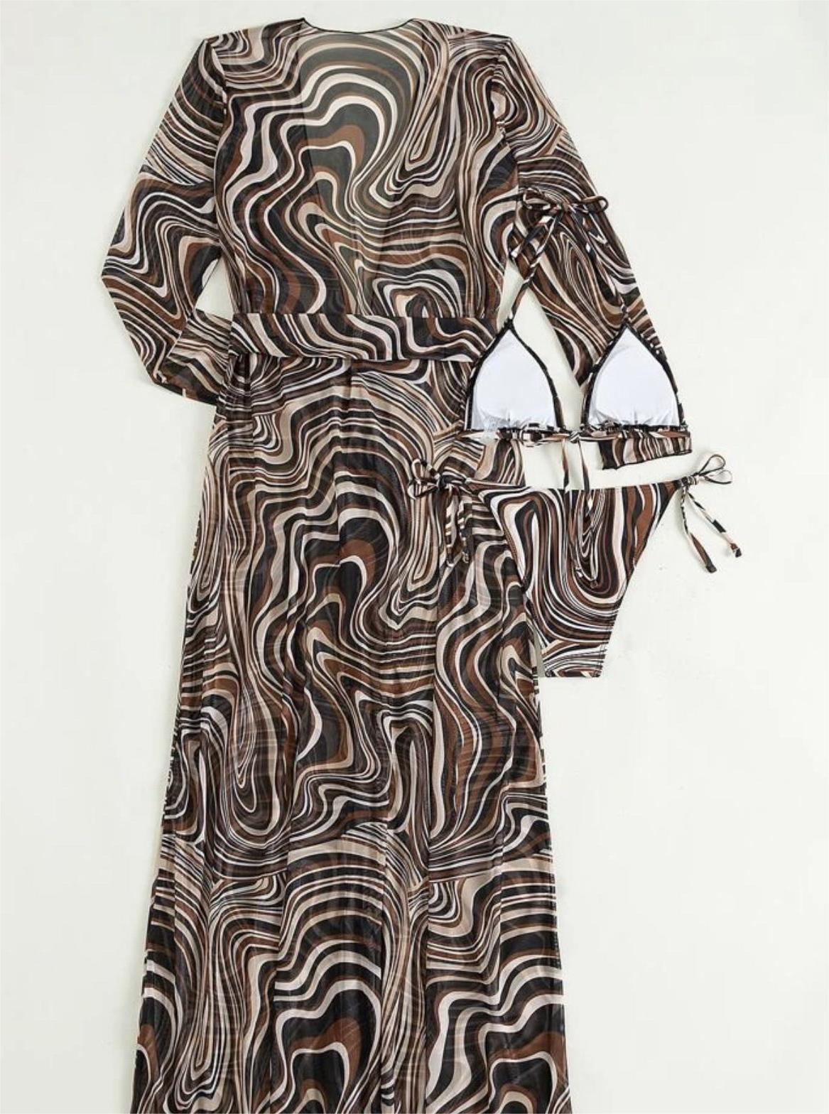 Three Piece Set Long Sleeve Mesh Long Belt Beach Anti Ddos Bikini Swimsuit for Women