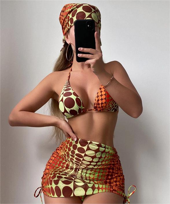 Printed Drawstring Lace Split Four Piece Swimsuit Women Sexy Triangle Bikini