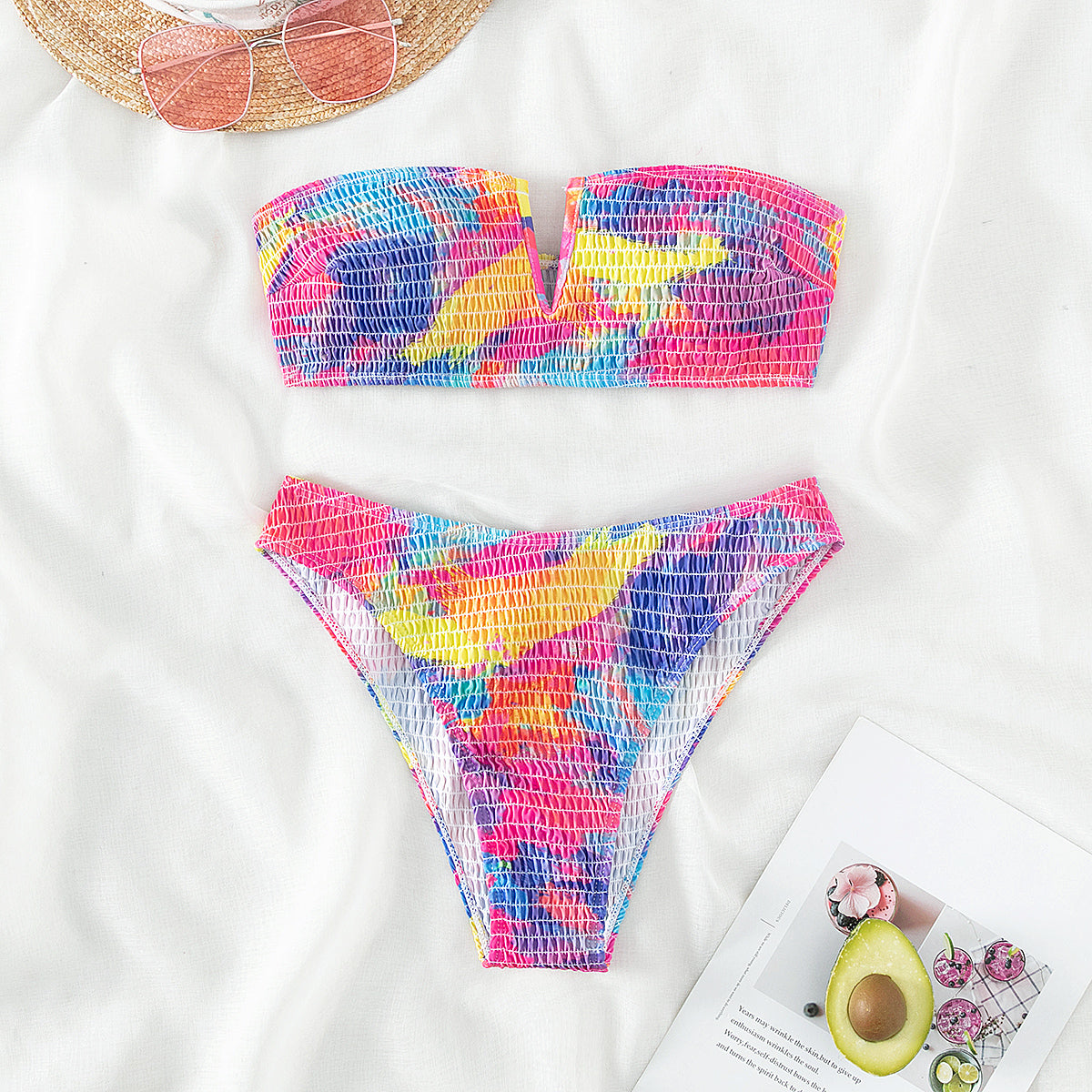 Bikini Swimsuit Tube Top High Waist Smocking Bikini Swimsuit for Women