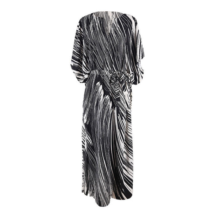 Black Line Printing Beach Cover-up Loose Maxi Dress Bikini Cover