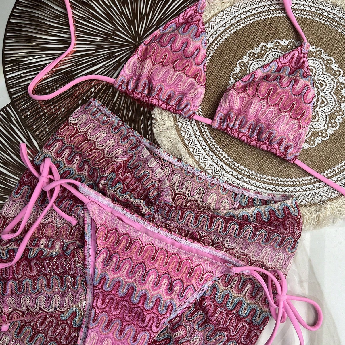 Bikinx Women Summer Beach Wave Pattern Halter Strap Sexy Bikini Set With Cover Up Skirt