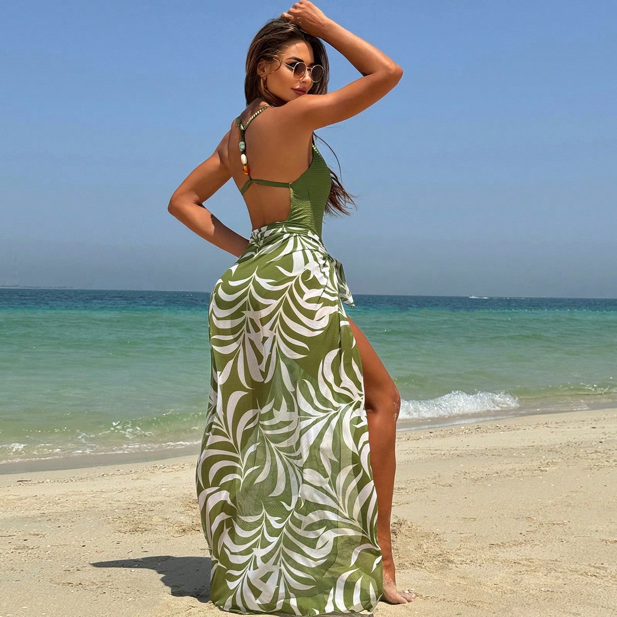 Bikinx Sexy One Piece Swimsuit And Printed Skirt Two Piece Set