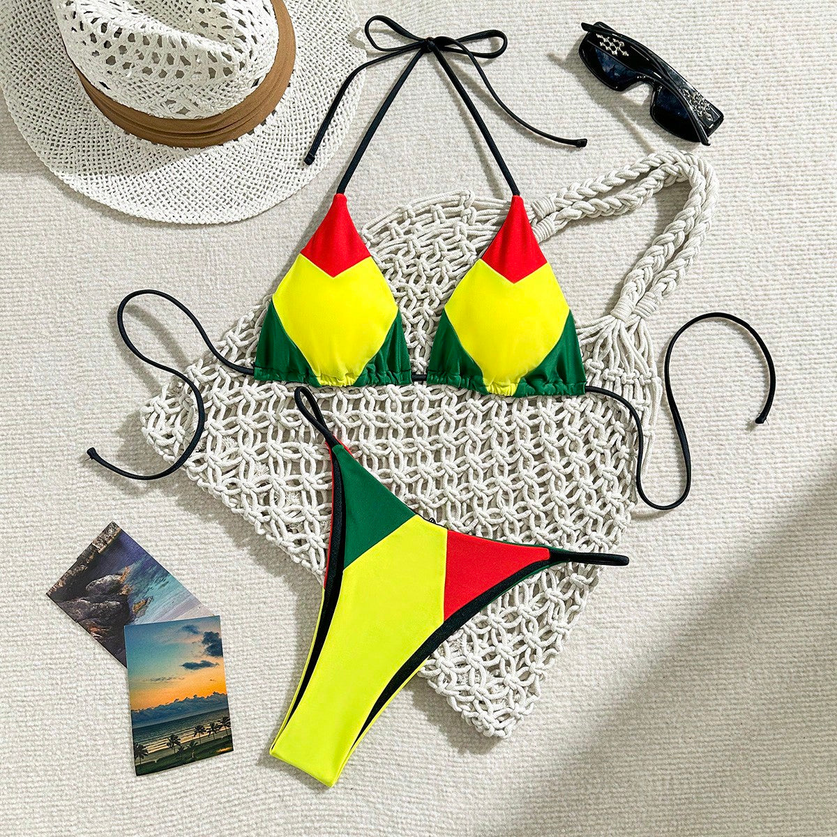 Bikinx Color Block Triangle Cup Halter Neck Bikini Set For Women