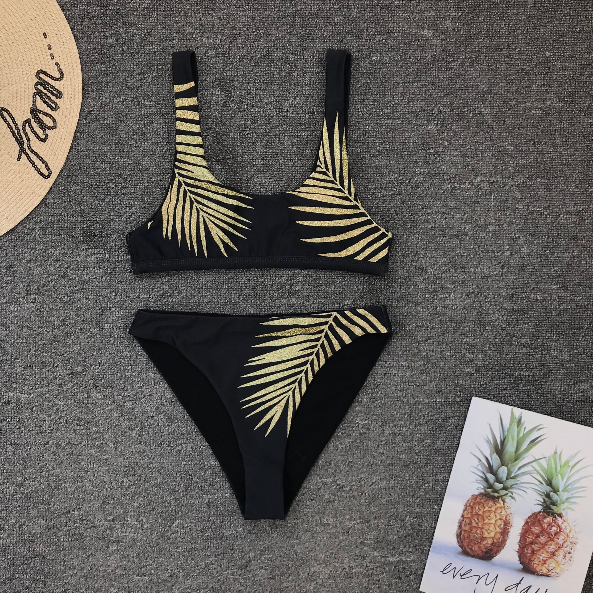 Women Split Swimsuit Golden Leaves Printed Sexy Bikini