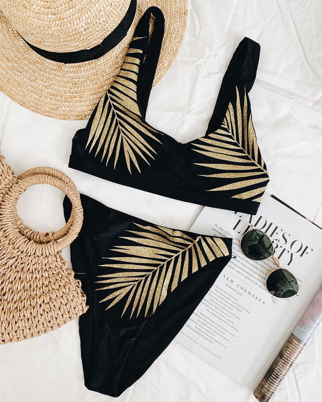 Women Split Swimsuit Golden Leaves Printed Sexy Bikini