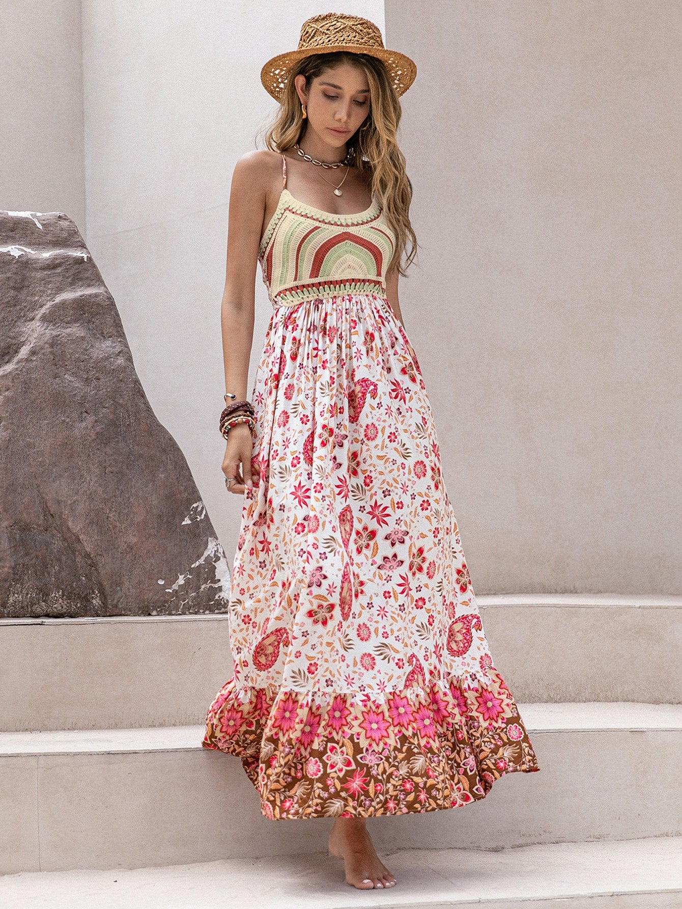 Batch Sweet Spaghetti Strap Floral Print Holiday Dress Maxi Dress Women