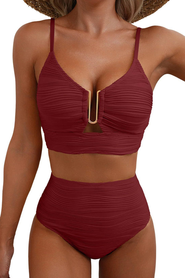 Solid Color V-neck Hollowed-out Pleated High Waist Stretch Two-Piece Bikini Swimsuit