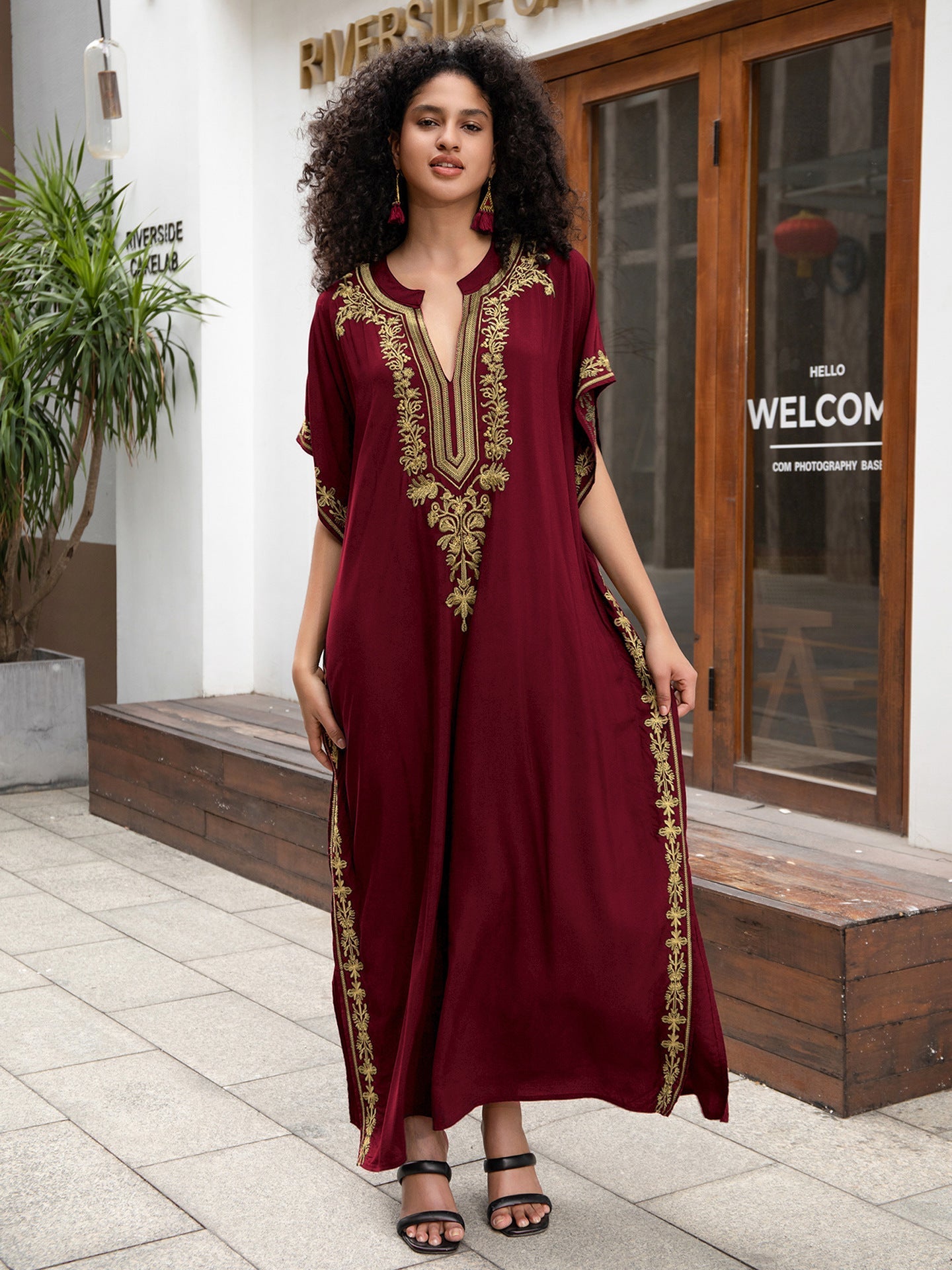 Rayon Embroidered Holiday Loose Jumpsuit Long Robe Beach Sun Protection Maxi Dress Beach Cover Up