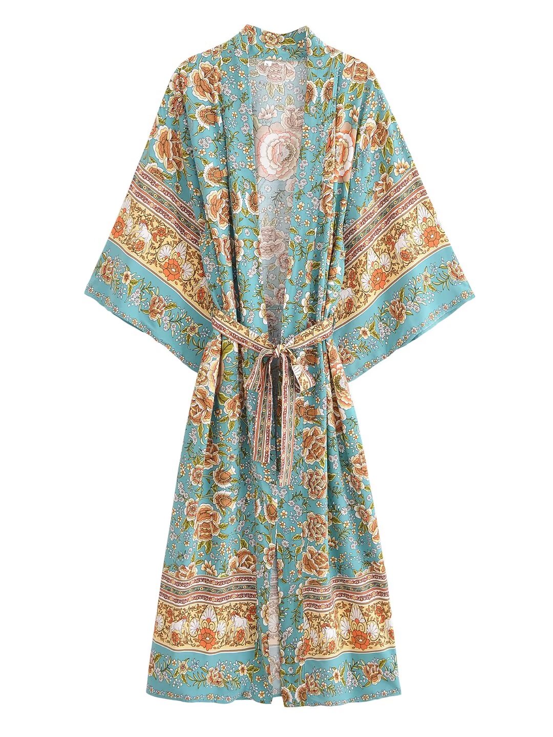 Autumn Women Rayon Positioning Floral Belt Long Kimono Cardigan