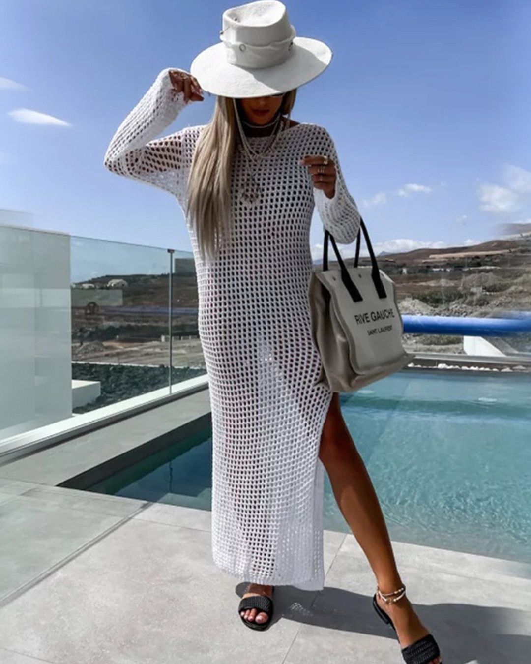 Spring Summer Vacation Beach Blouse Sexy Knitted Hollow Out Cutout out Maxi Dress Beach Cover Up Dress