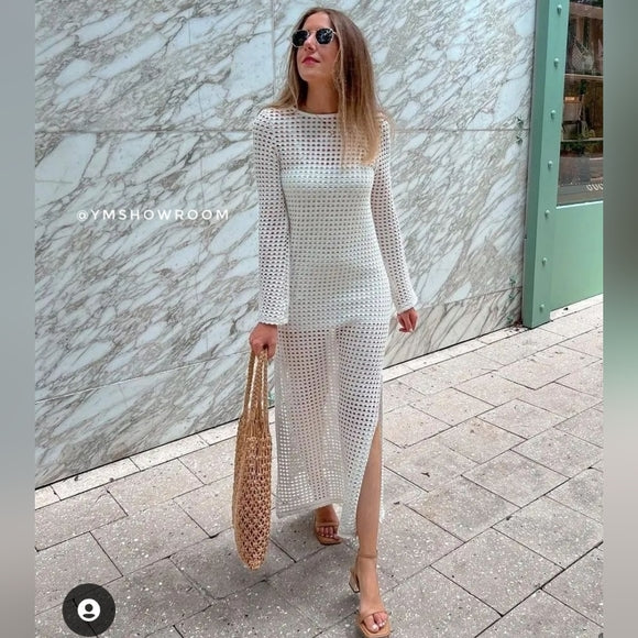 Spring Summer Vacation Beach Blouse Sexy Knitted Hollow Out Cutout out Maxi Dress Beach Cover Up Dress