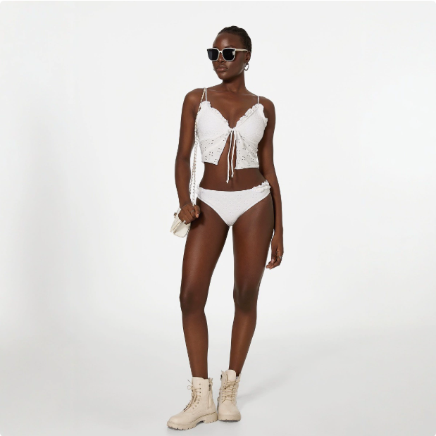 Bikini Swimsuit Tube Top Split Lace up Solid Color Lace Bikini Swimsuit