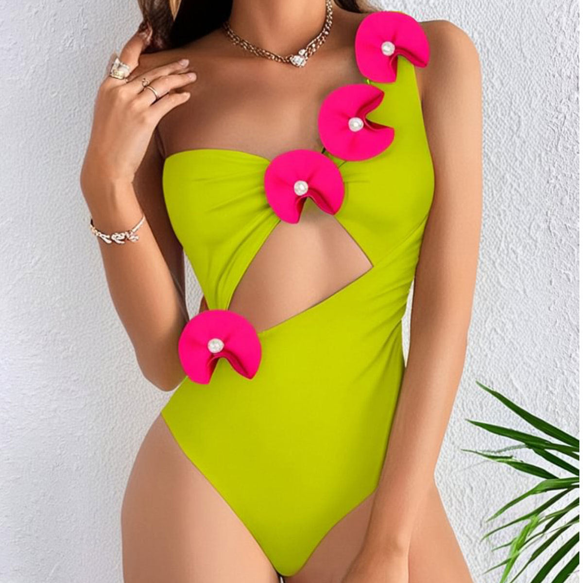 Solid Color One Piece Swimsuit Women One Shoulder Tube Top Hollow Out Cutout out Skirt Hip Wrapped Short Skirt Two Piece Sets
