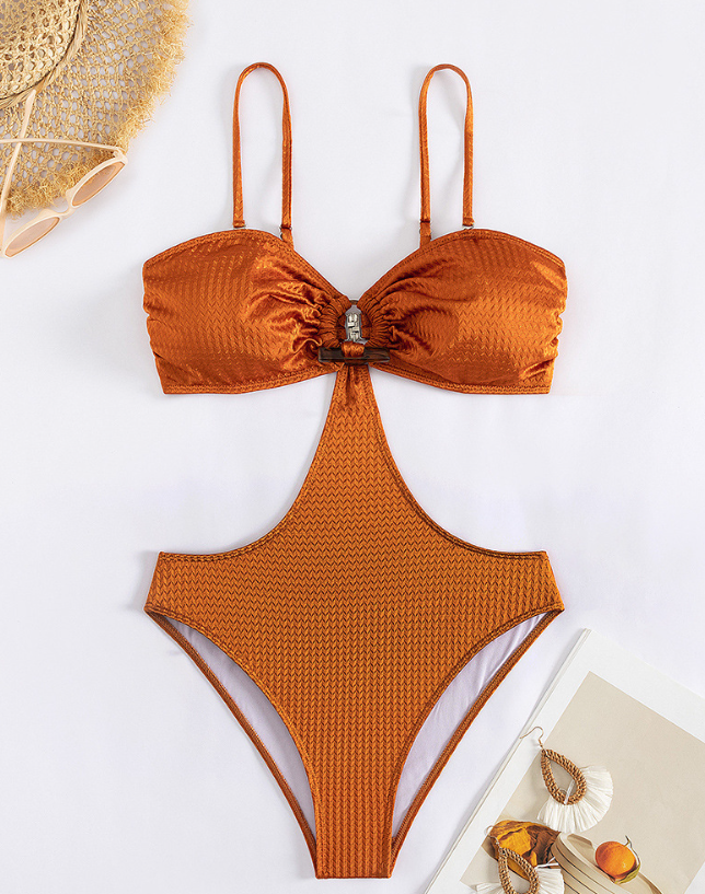 One Piece Swimsuit Women Sexy Backless Hollow Out Cutout Shiny Solid Color Sling Swimsuit