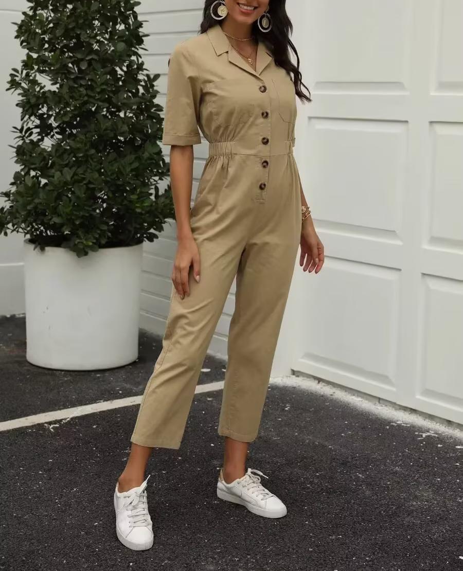 Spring Women Short Sleeve Solid Color Linen One Piece Trousers