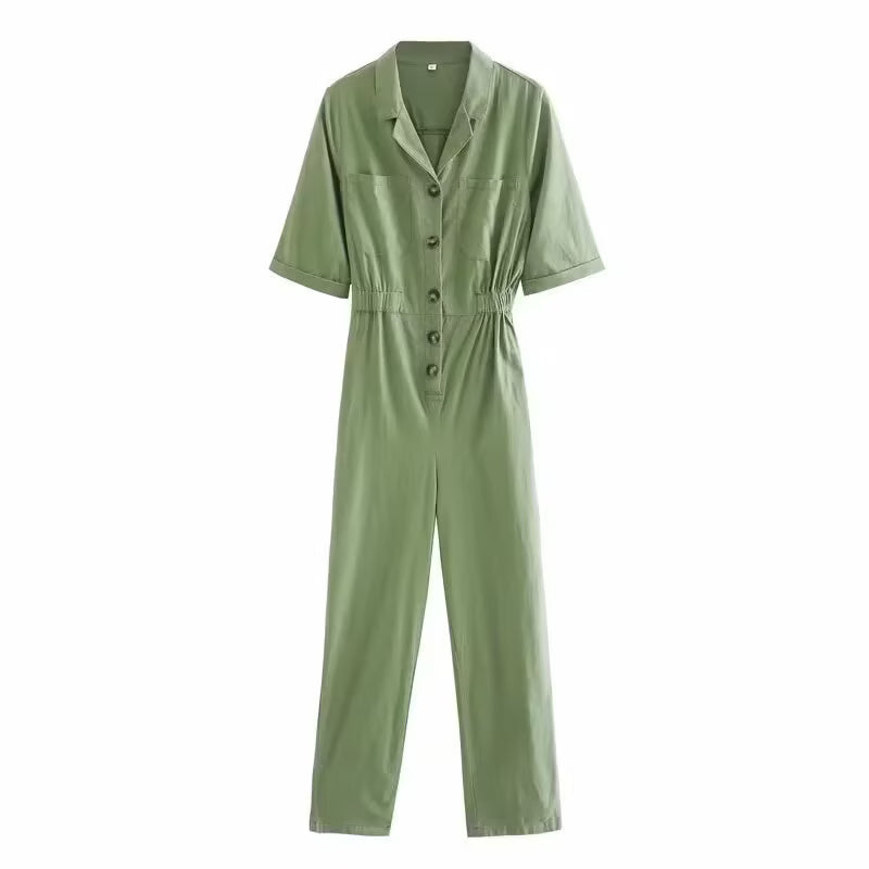 Spring Women Short Sleeve Solid Color Linen One Piece Trousers