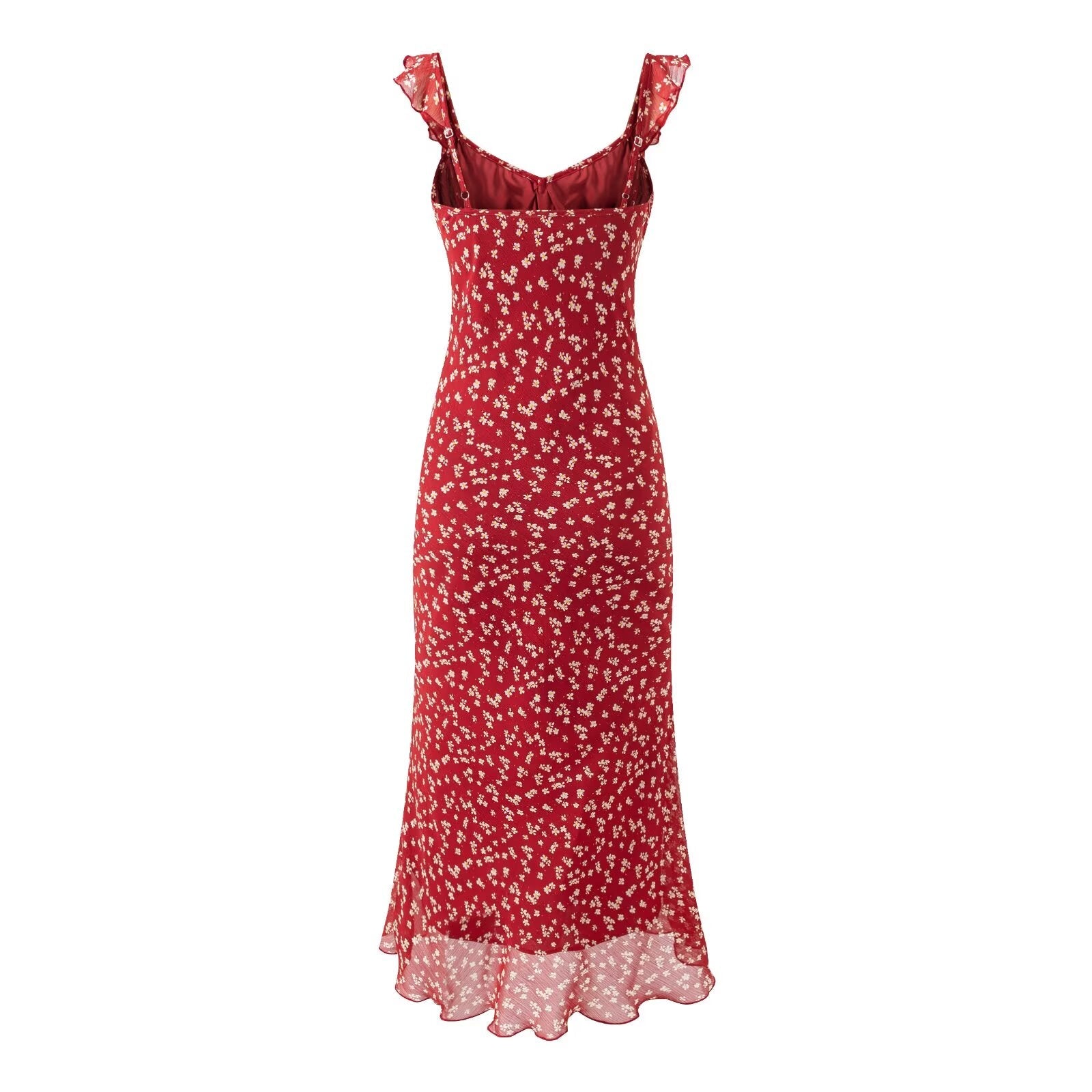 Red Small Floral Sling Dress Women Summer Tight Waist A line Slimming Backless Holiday Maxi Dress