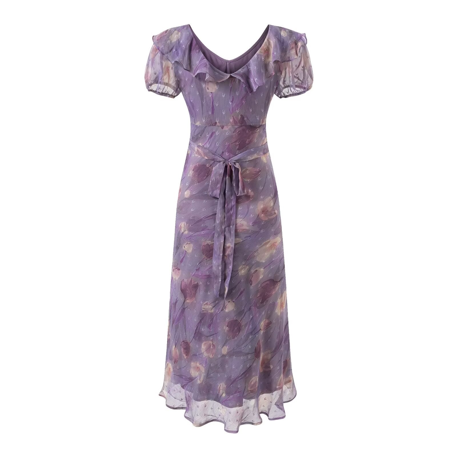 Lace up Light Purple Ruffled Maxi Dress Women Summer Tight Waist Slim Fit Dress