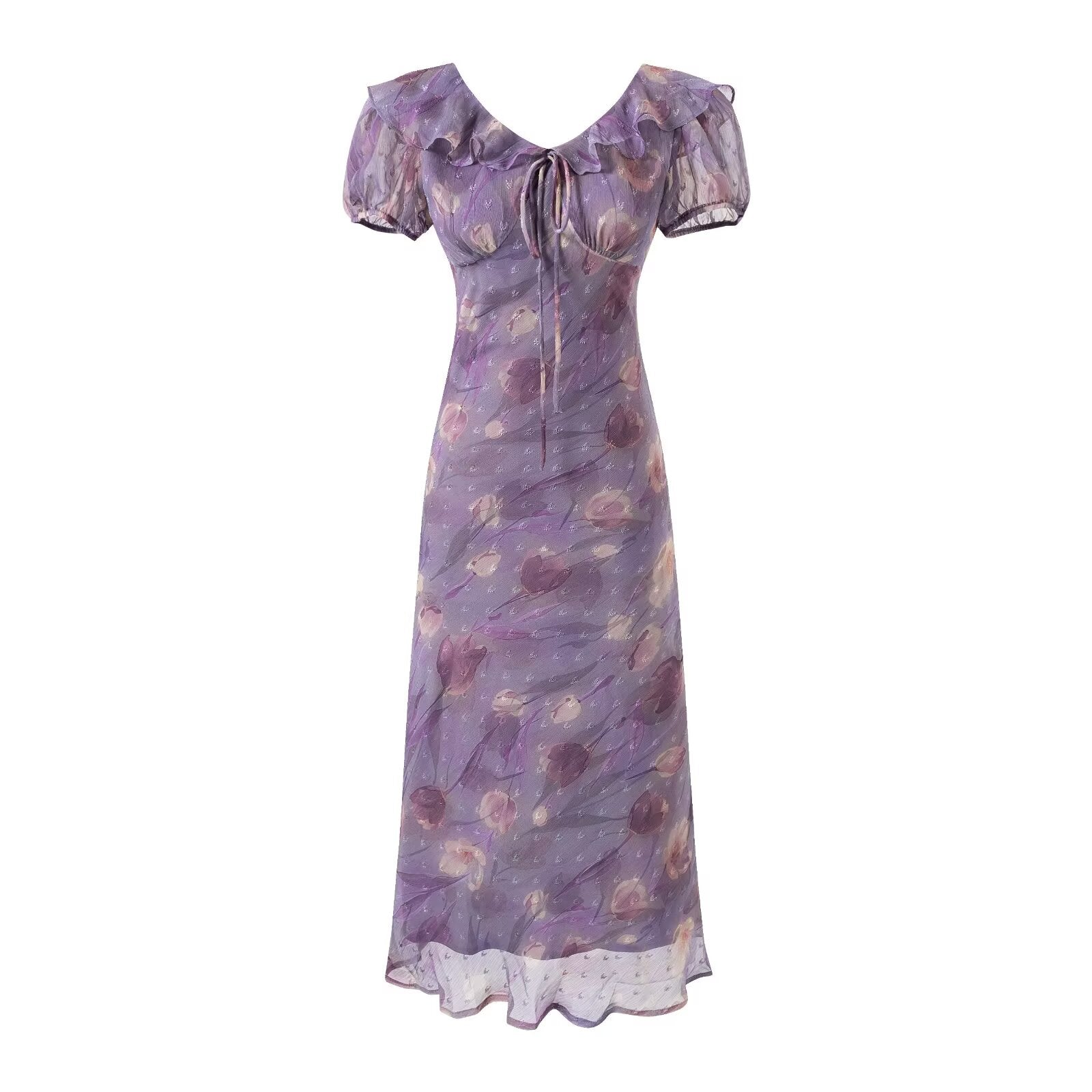 Lace up Light Purple Ruffled Maxi Dress Women Summer Tight Waist Slim Fit Dress