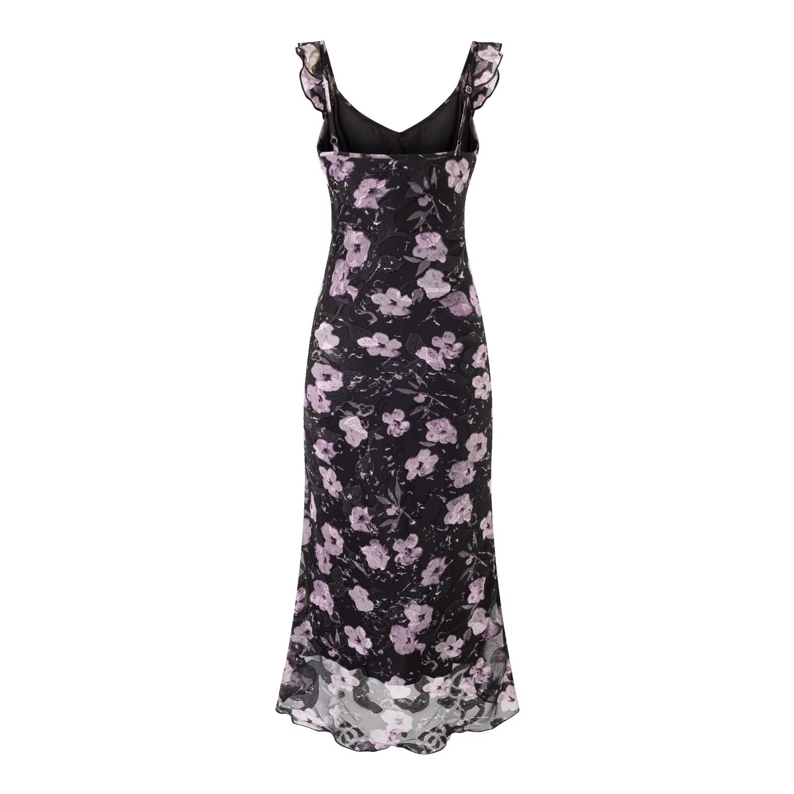 Vacation Ruffled V neck Lace up Printed Fishtail Suspender Skirt Waisted Slim Fit Package Hip Maxi Dress