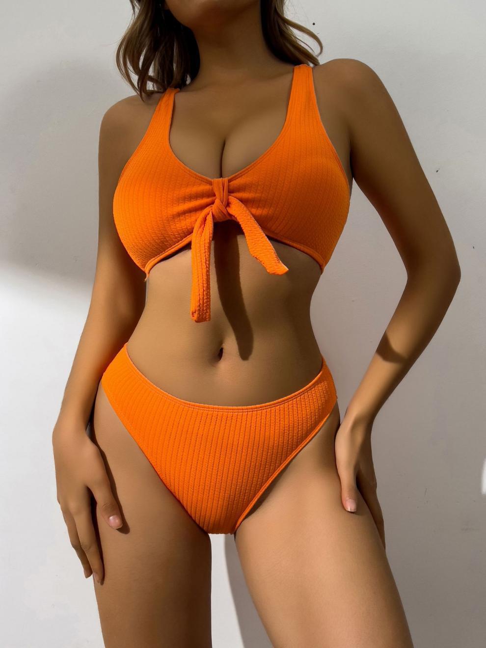 Swimsuit Women Split Sunken Stripe Solid Color Hollow Out Cutout Bikini Sexy Swimsuit