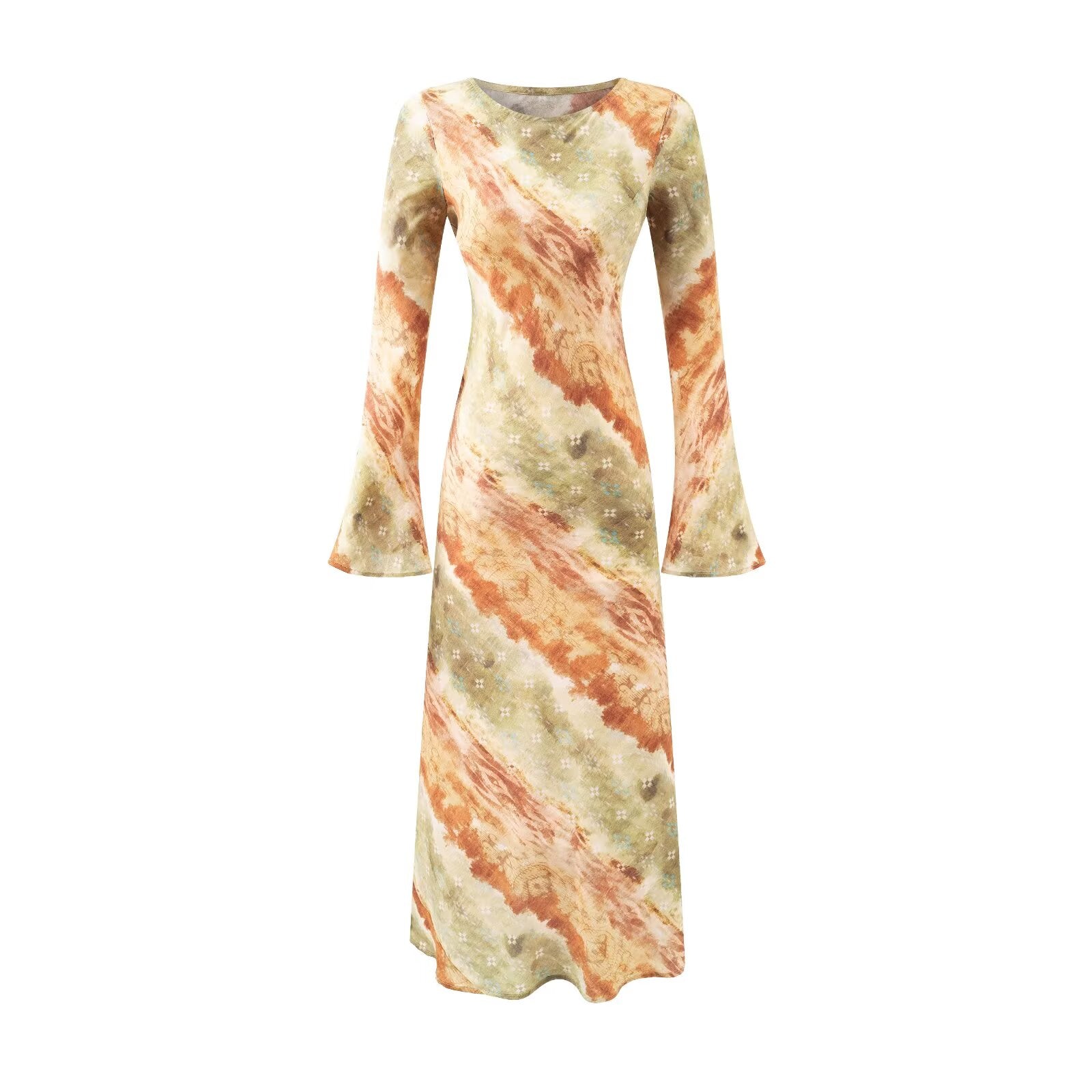 Vintage Printed Chic Flared Long Sleeve Vacation Dress round Neck Maxi Dress