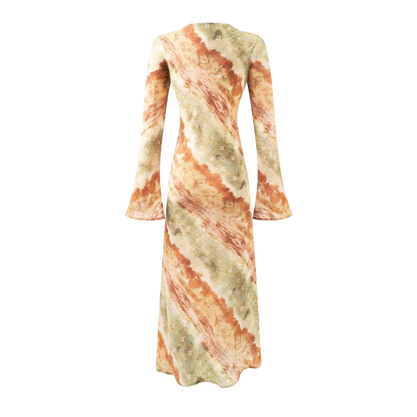 Vintage Printed Chic Flared Long Sleeve Vacation Dress round Neck Maxi Dress