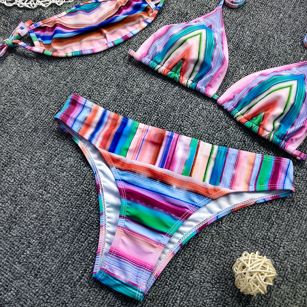 Women Bikini Sexy Positioning Striped Printed Bikini Three Piece Set with Mask