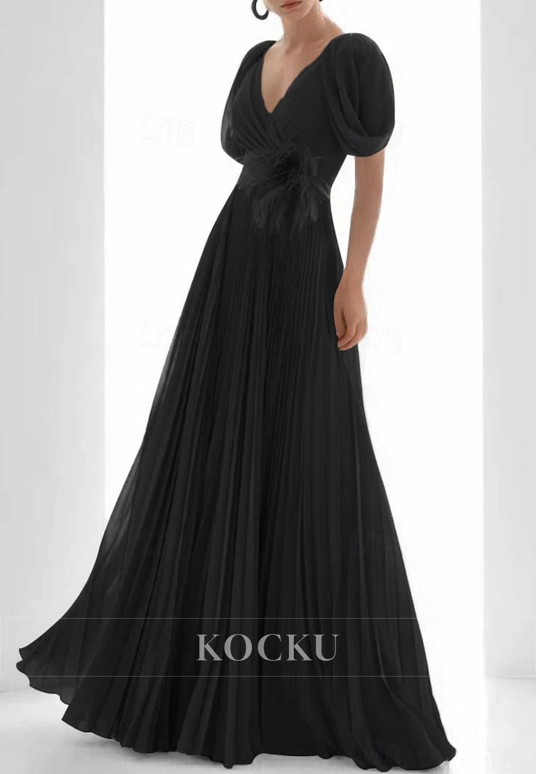 Elegant V - Neck Lime Green Gown with Puffed Short Sleeves and Feather Embellishment