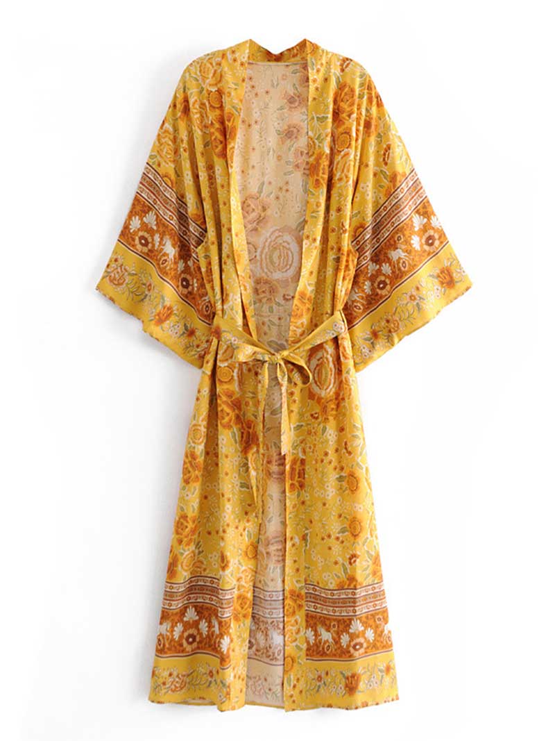 Swimwear Floral Printed Yellow Color Long Kimono Gown Duster Robe