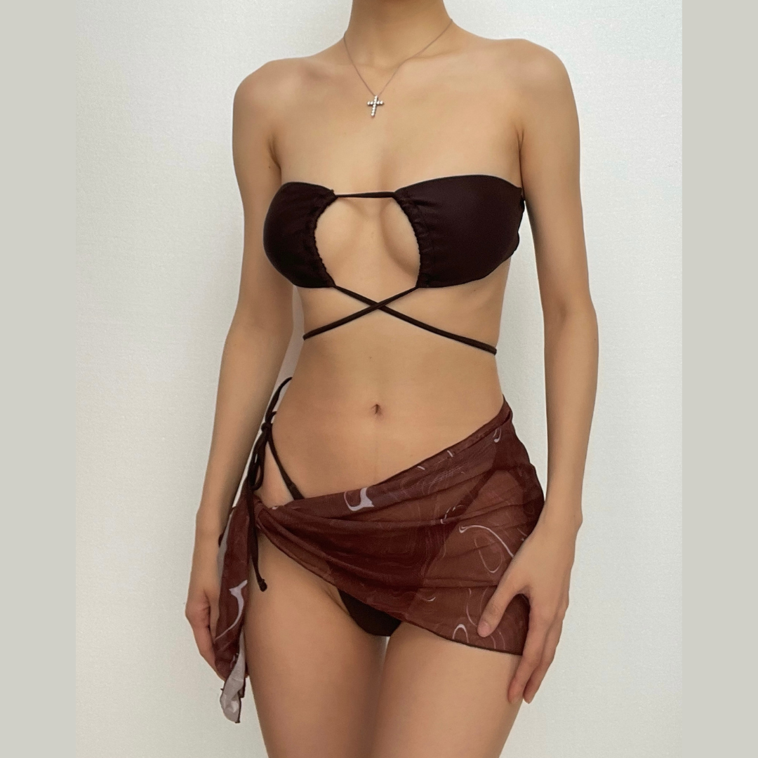 Cross front halter hollow out self tie mini dress 3 piece swimwear - Fashionpara