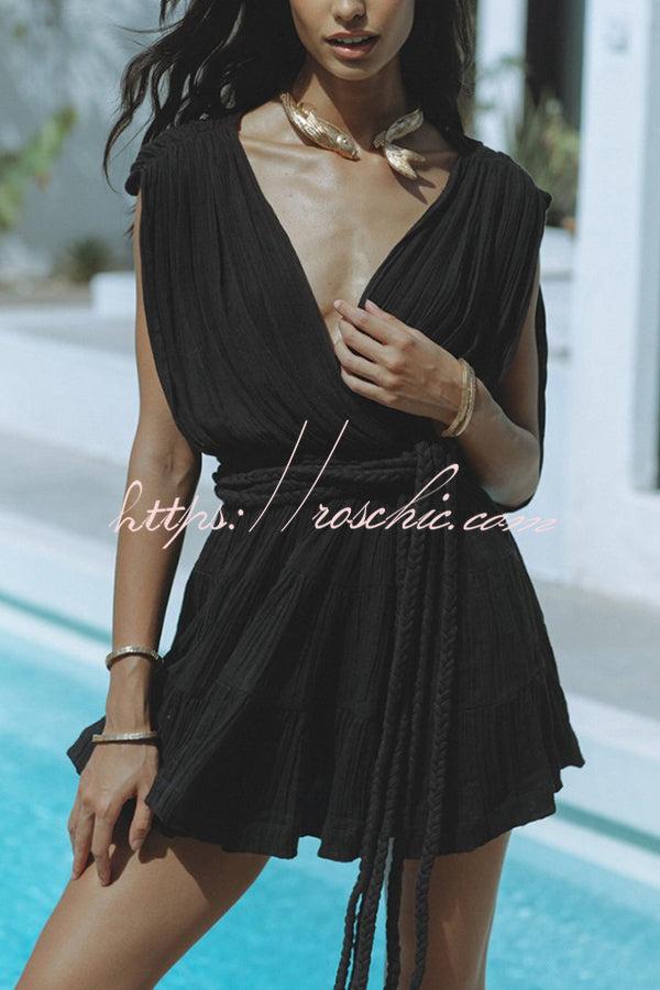 Glimpse of Happiness Linen Blend Draped Braids Belt Cover Up Mini Dress
