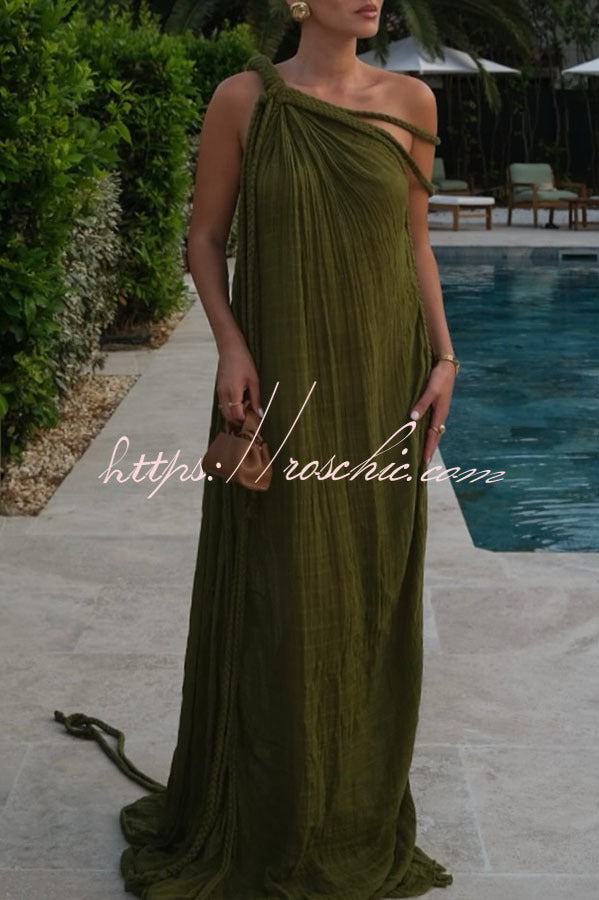 Khloe Linen Blend One Shoulder Draped Braids Cover Up Maxi Dress
