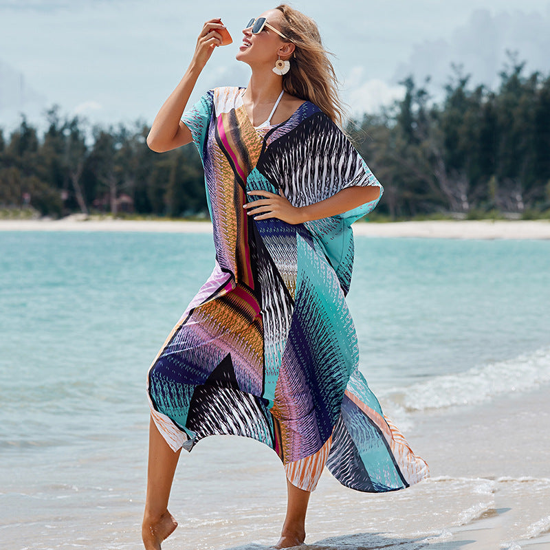 Colorful Floral Block Positioning Floral Robe Loose Maxi Dress Bikini Cover up Sun Protection Shirt Beach Vacation Dress