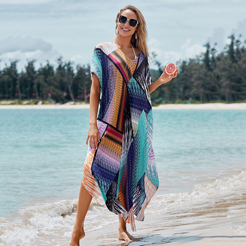 Colorful Floral Block Positioning Floral Robe Loose Maxi Dress Bikini Cover up Sun Protection Shirt Beach Vacation Dress