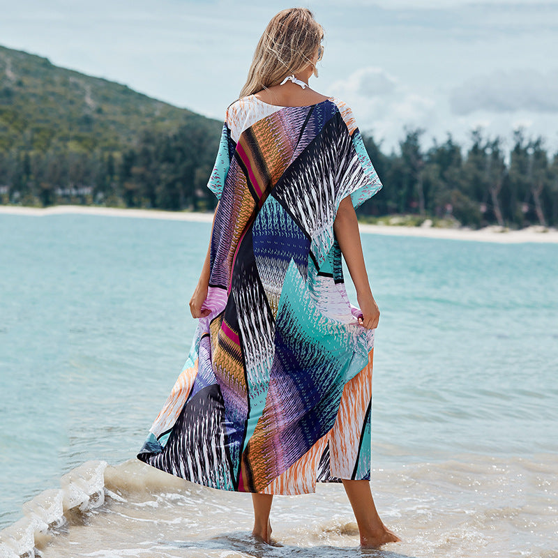Colorful Floral Block Positioning Floral Robe Loose Maxi Dress Bikini Cover up Sun Protection Shirt Beach Vacation Dress