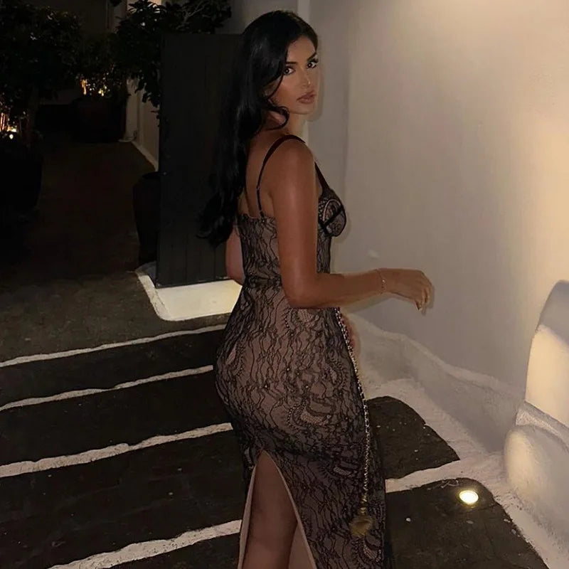 2024 New Spring Lace Stitching Backless Slit Elegant Maxi Dress