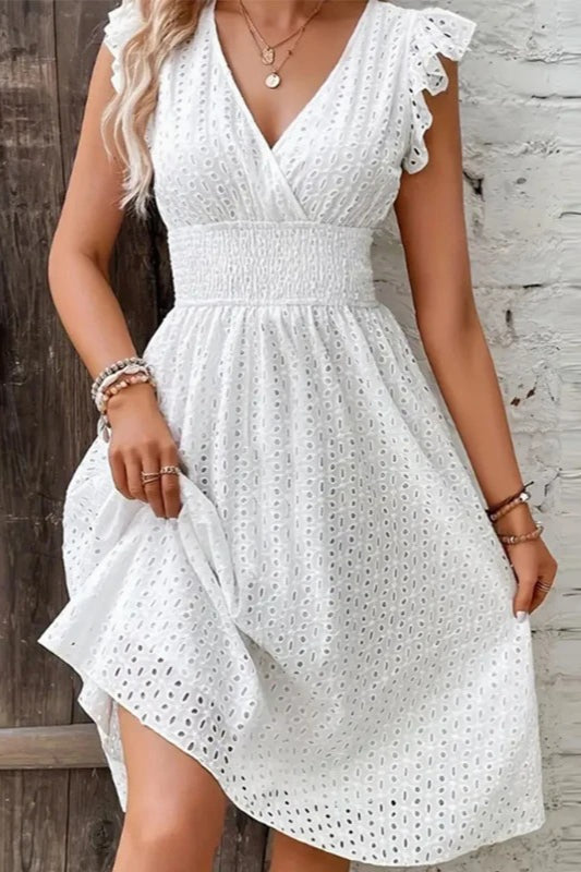 V-Neck Lace Waist Mini Dress
