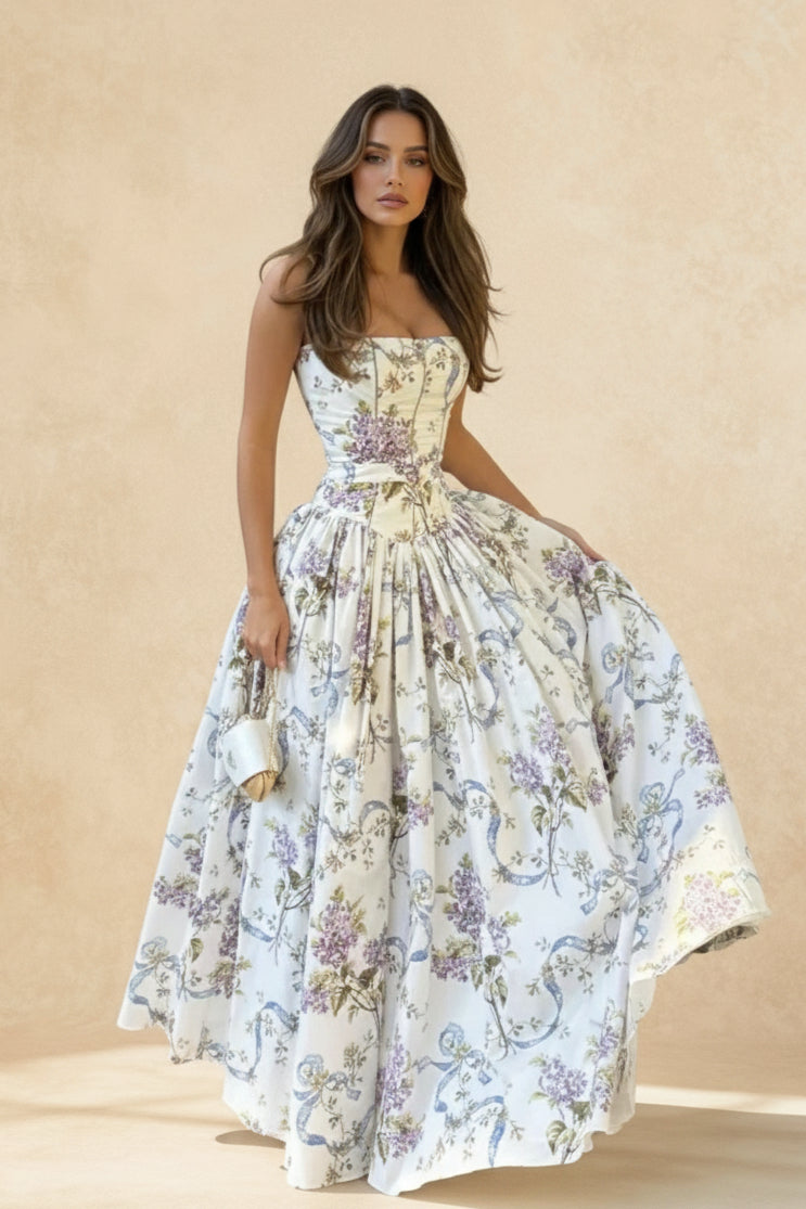 Rayon Printed Strap Pleated Chic Maxi Dress