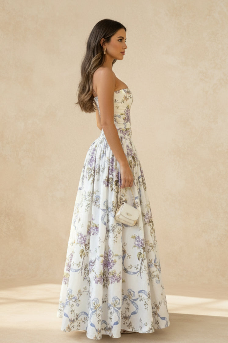 Rayon Printed Strap Pleated Chic Maxi Dress