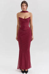 Wine Red Strapless Crop Top and Maxi Dress Set