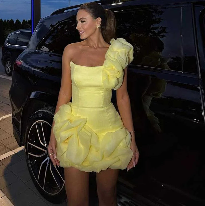 Ruffled Floral Beaded Strap Mini Dress